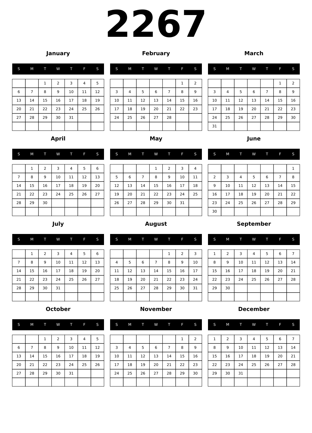Printable 2267 Year Calendars black