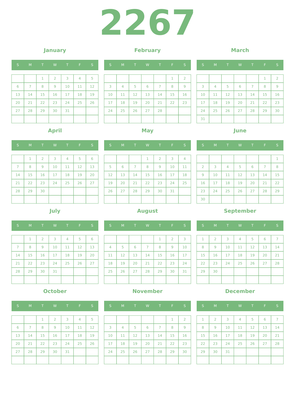Printable 2267 Year Calendars celadon