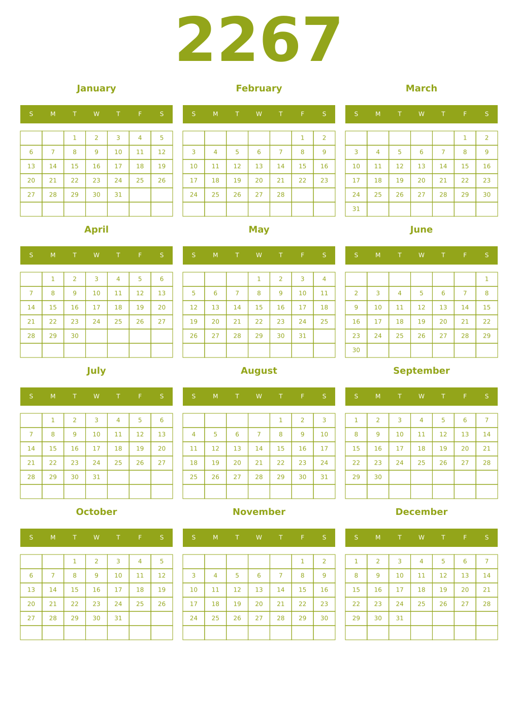 Printable 2267 Year Calendars chartreuse