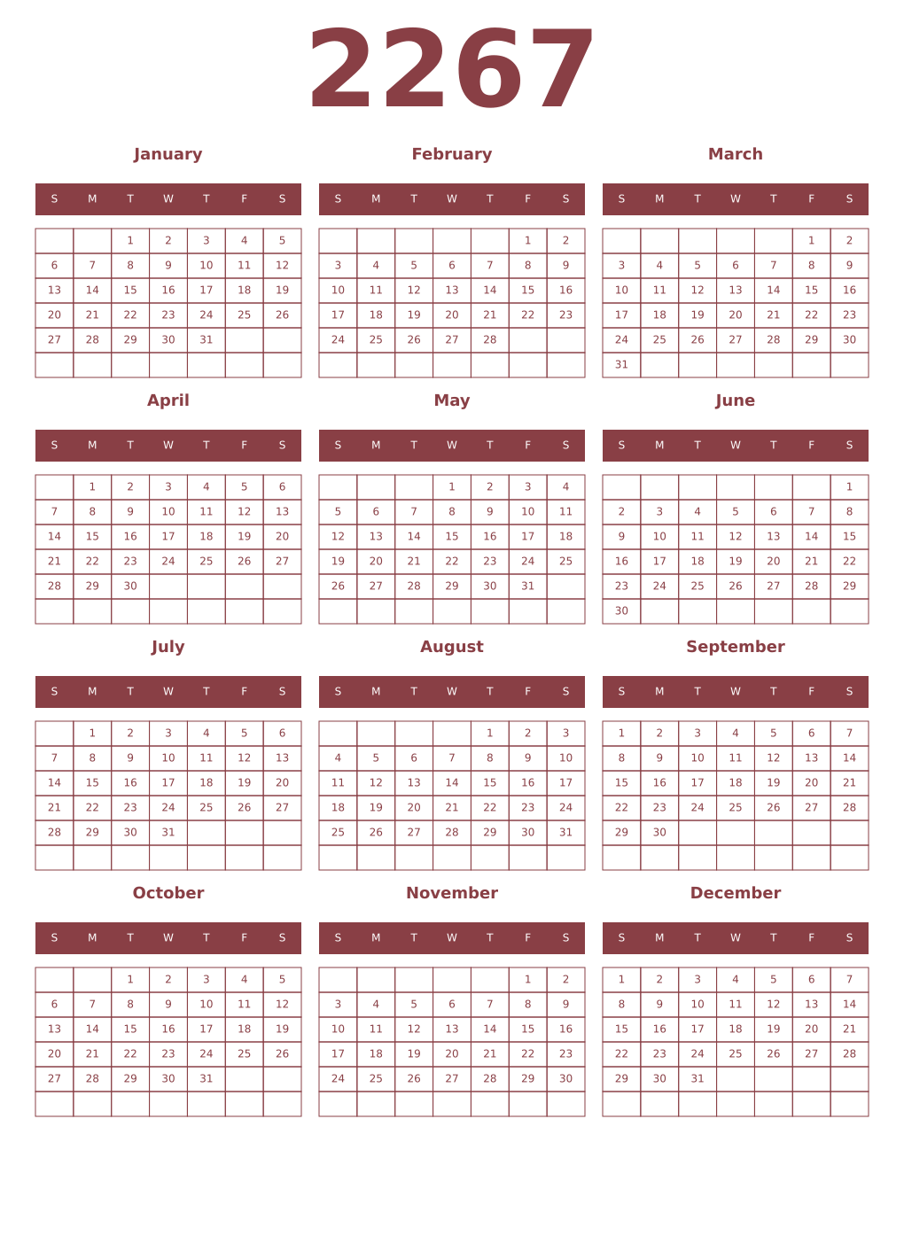 Printable 2267 Year Calendars cordovan