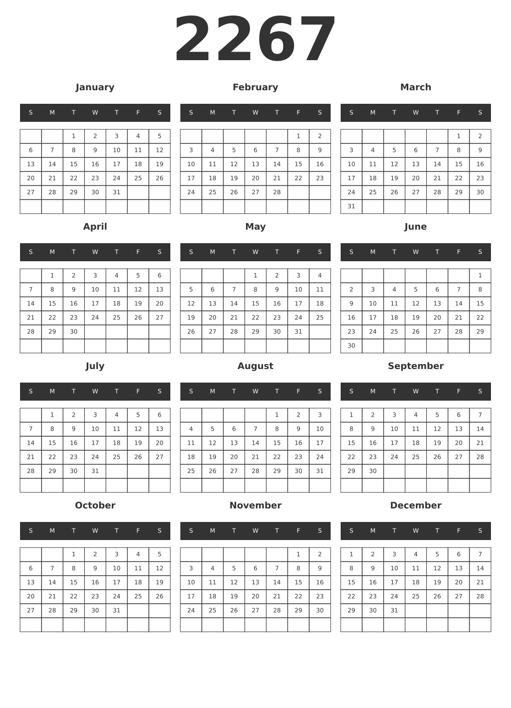 Printable 2267 Year Calendars dark
