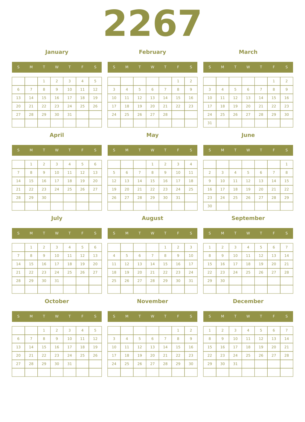 Printable 2267 Year Calendars eburnean