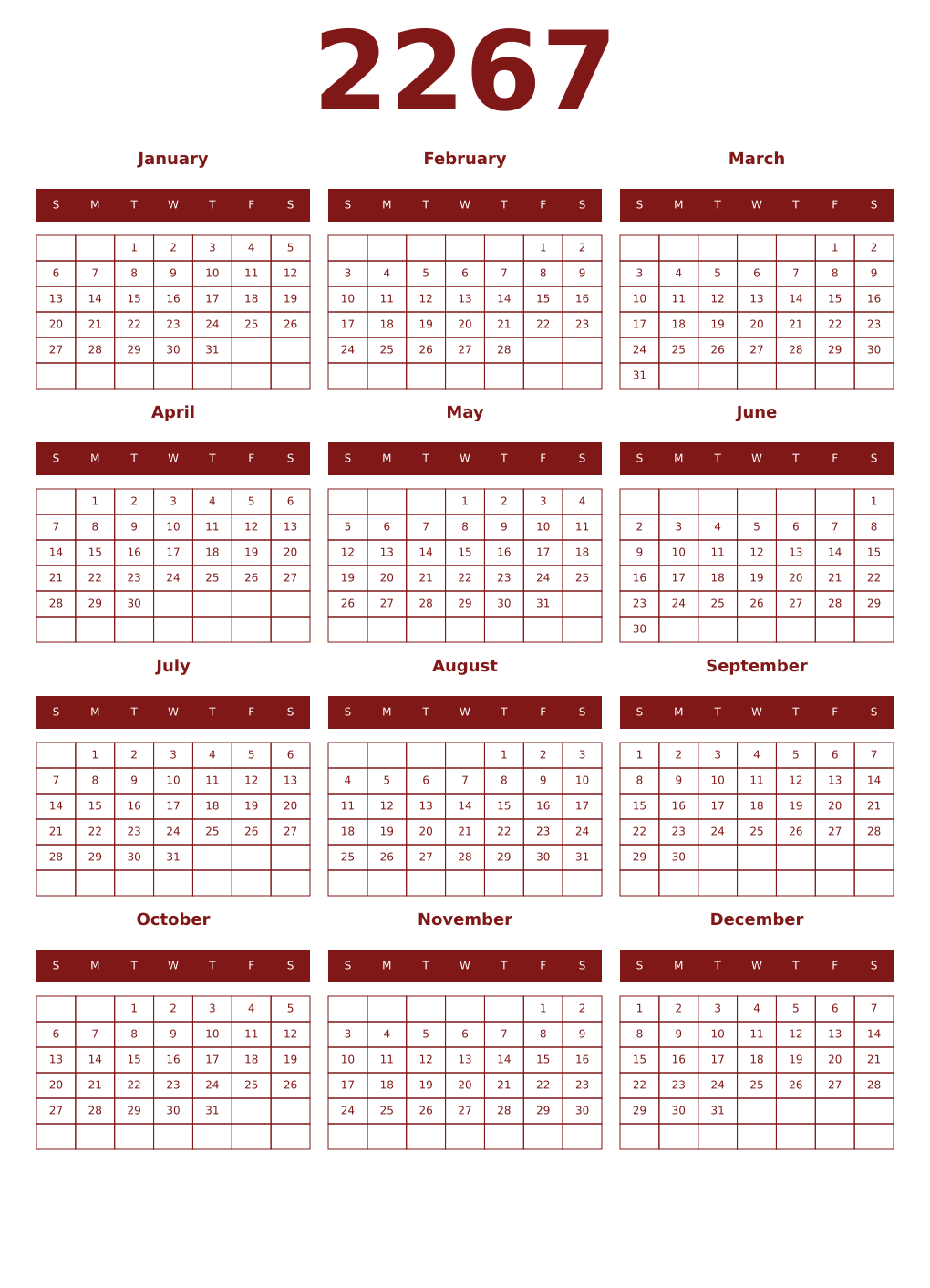 Printable 2267 Year Calendars falu