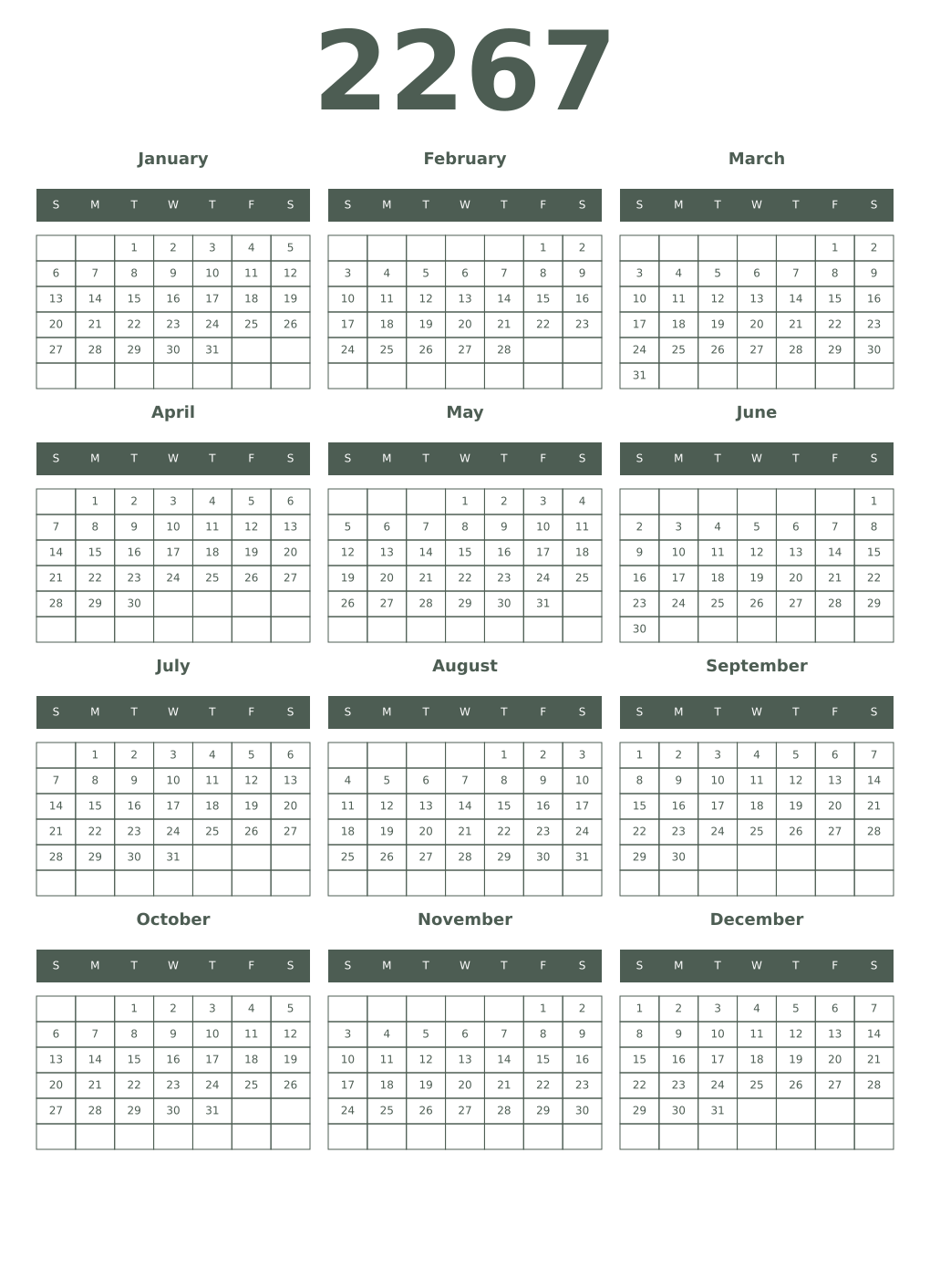 Printable 2267 Year Calendars feldgrau
