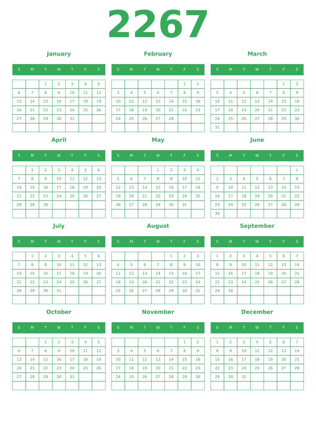 Printable 2267 Year Calendars green
