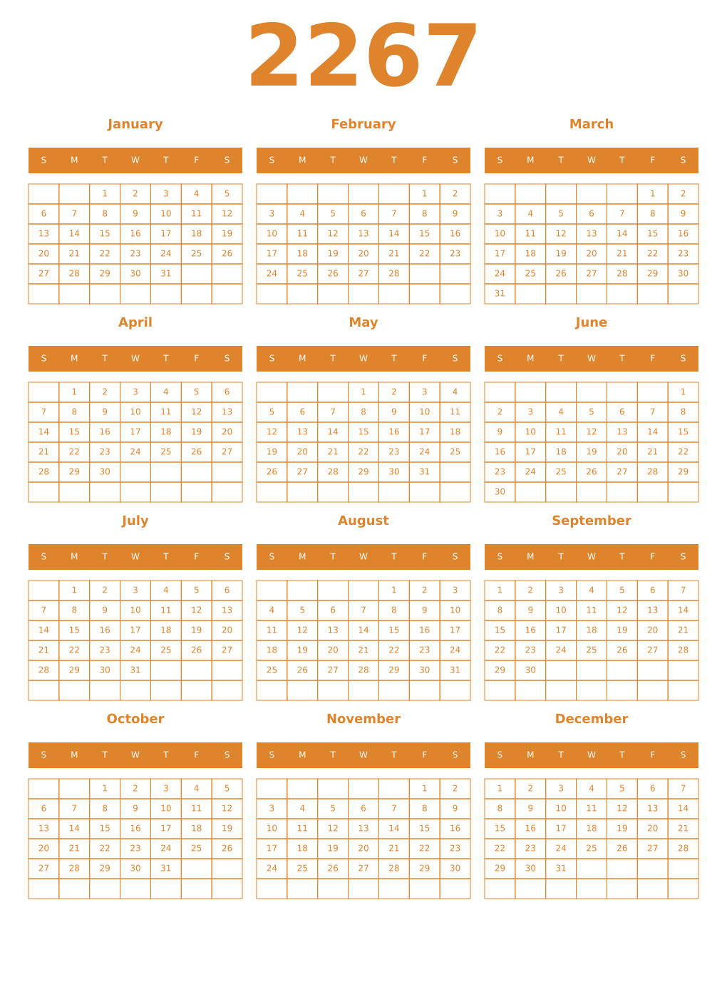 Printable 2267 Year Calendars orange