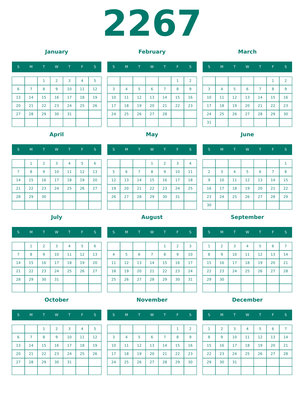Printable 2267 Year Calendars pastel