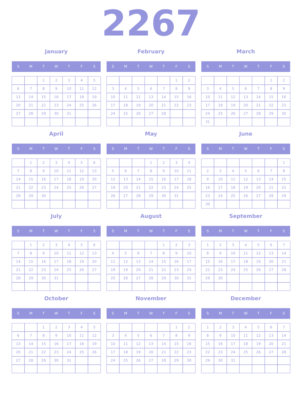 Printable 2267 Year Calendars periwinkle