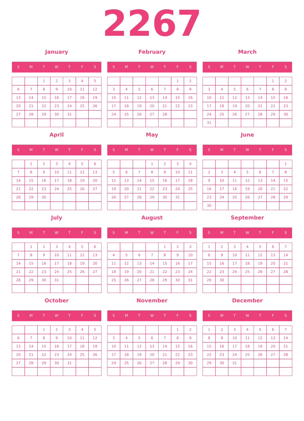 Printable 2267 Year Calendars pink