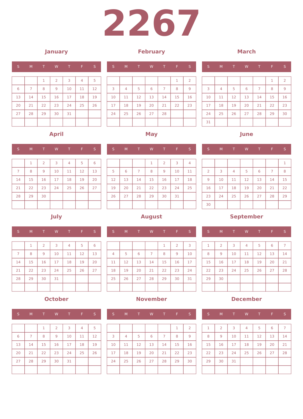 Printable 2267 Year Calendars puce