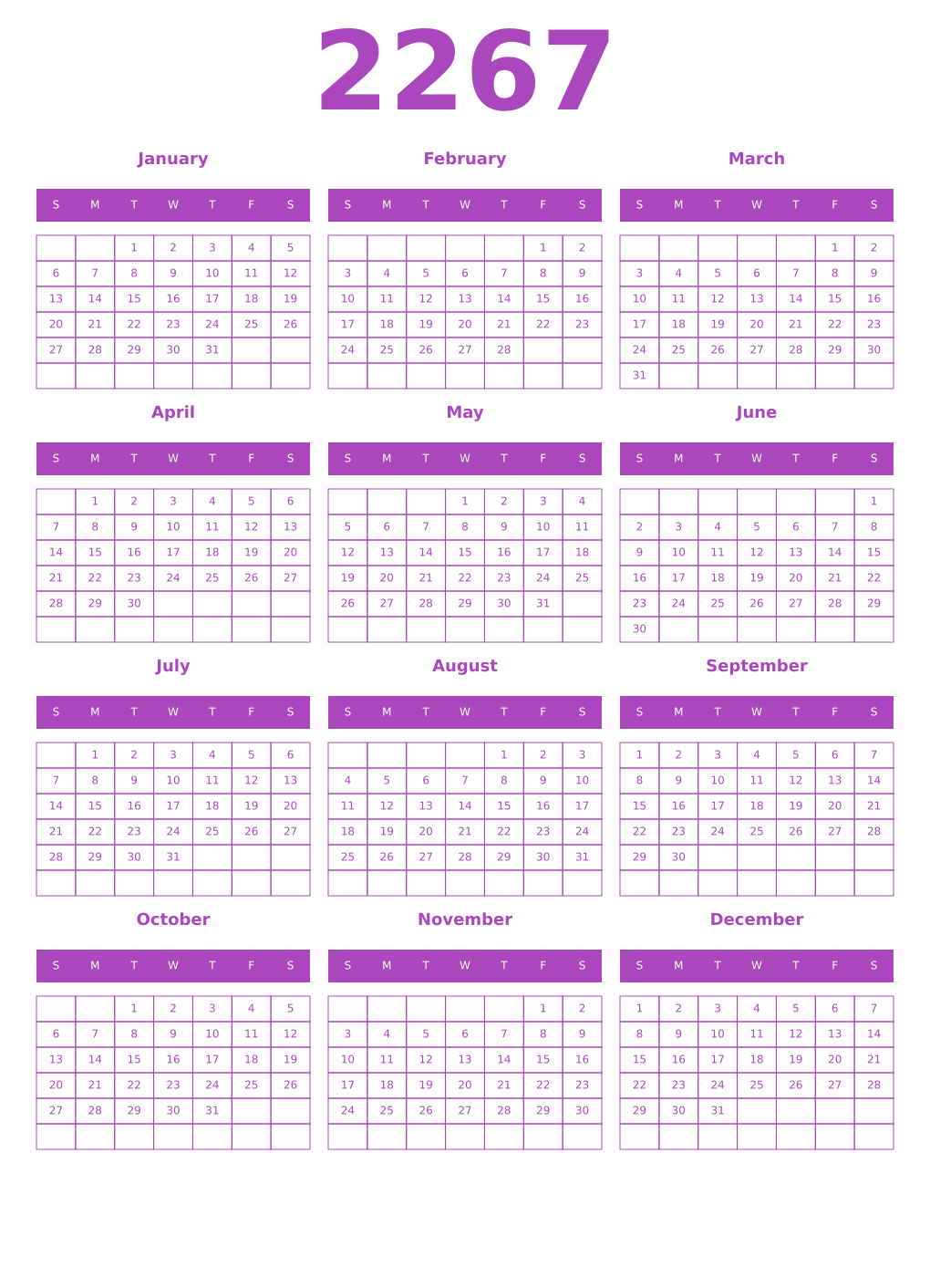 Printable 2267 Year Calendars purple