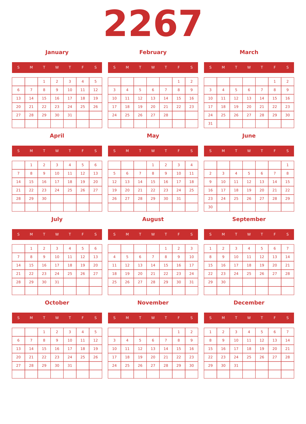 Printable 2267 Year Calendars red