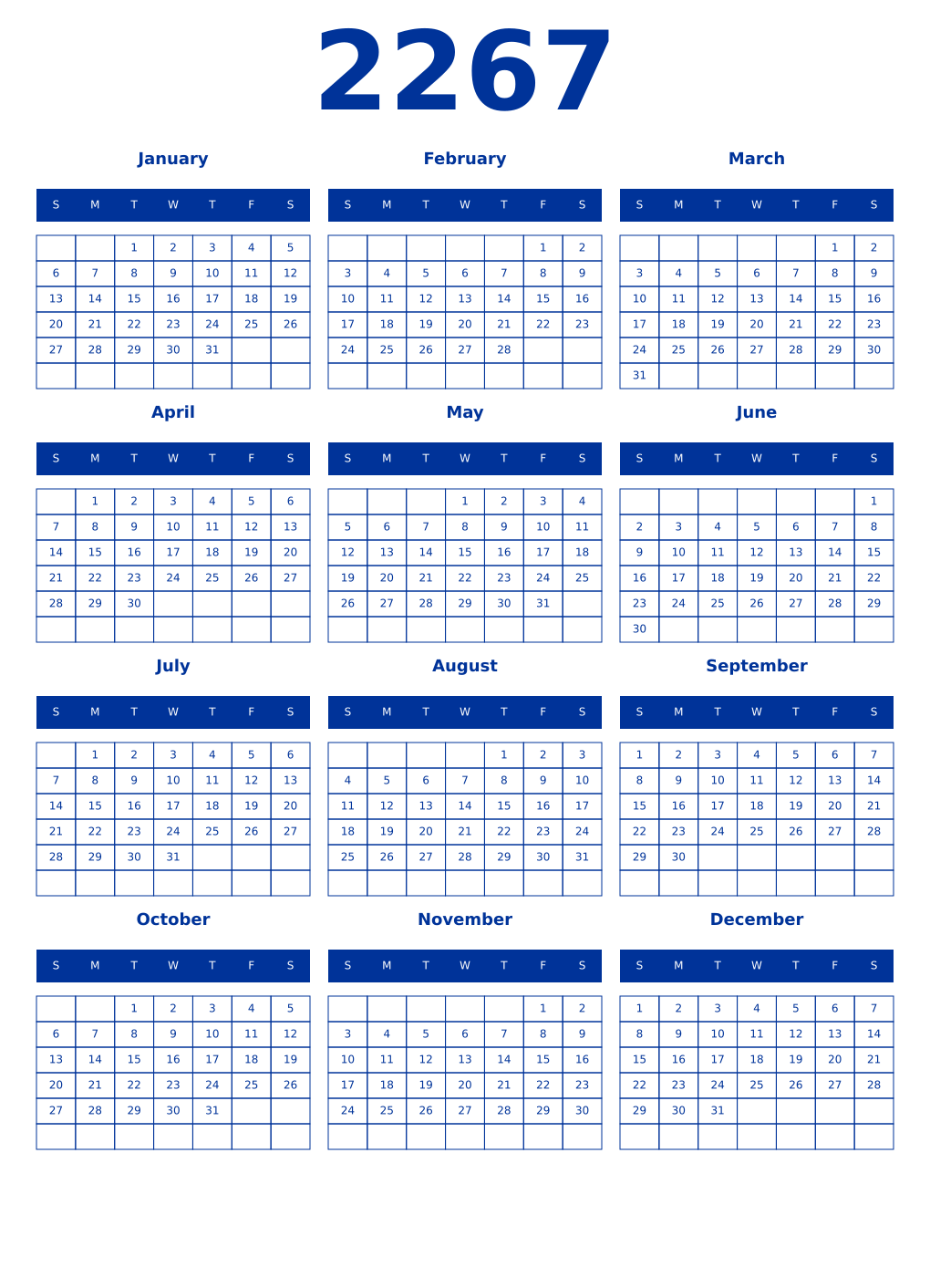 Printable 2267 Year Calendars smalt
