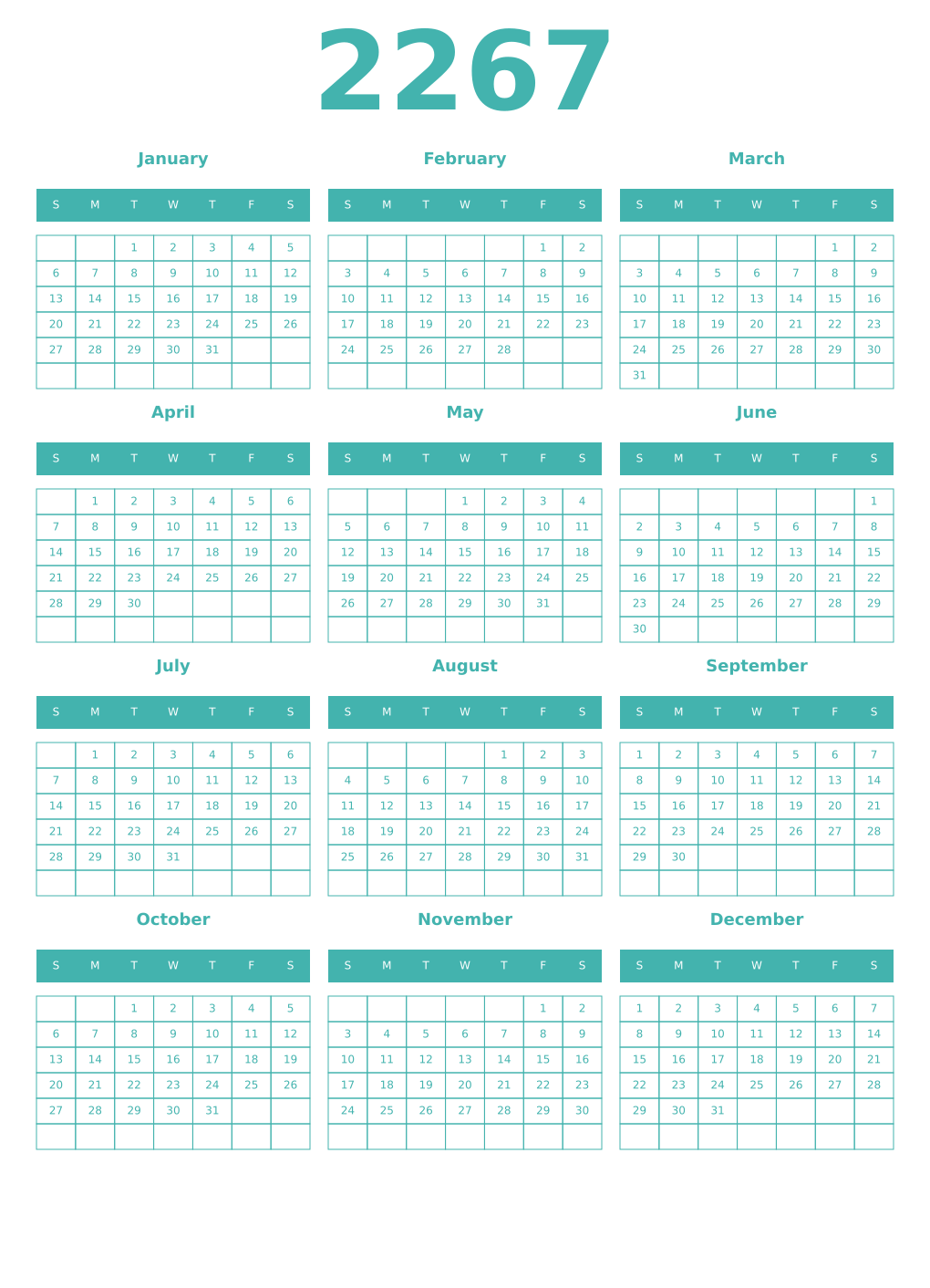 Printable 2267 Year Calendars verdigris