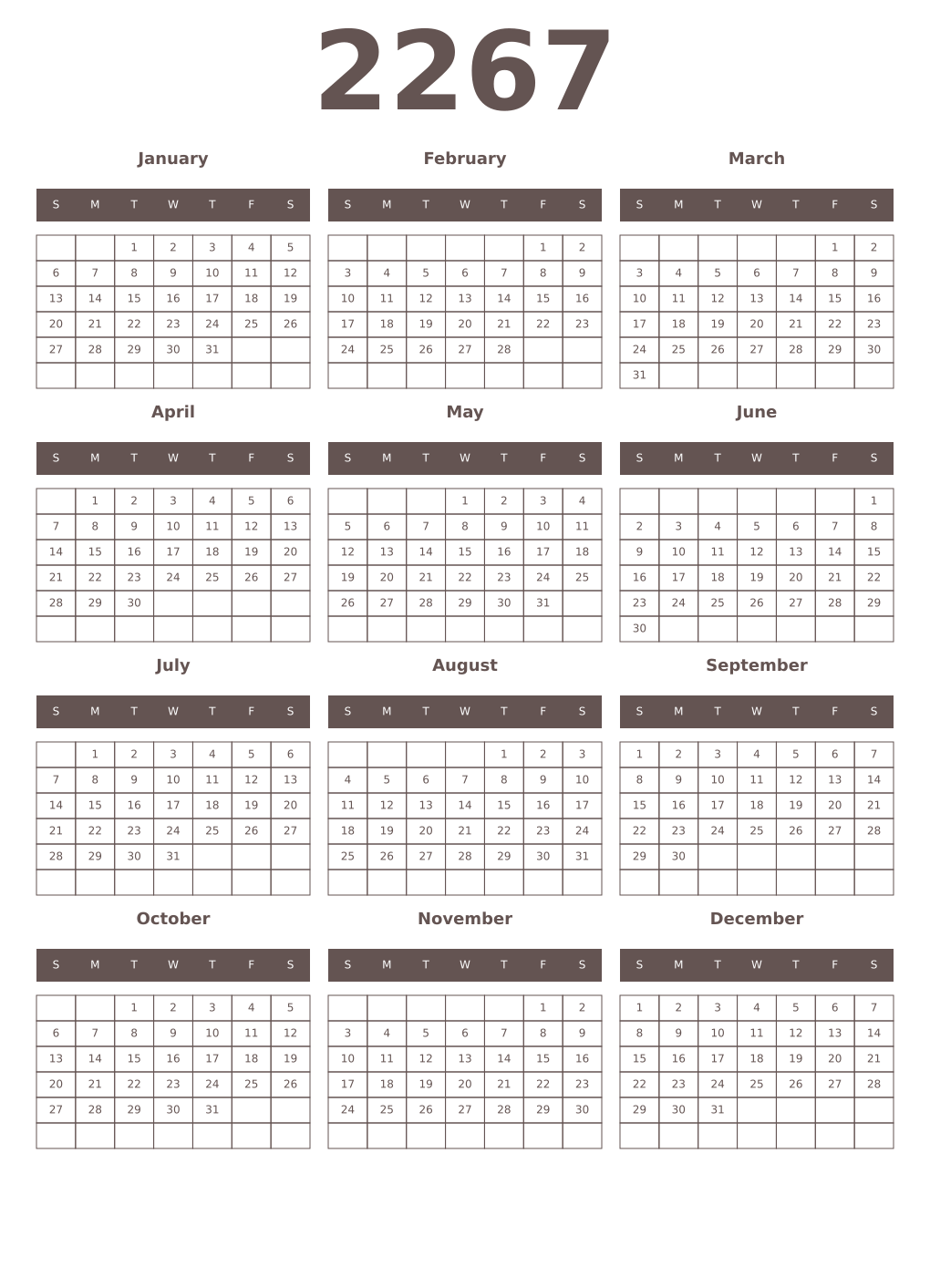 Printable 2267 Year Calendars wenge