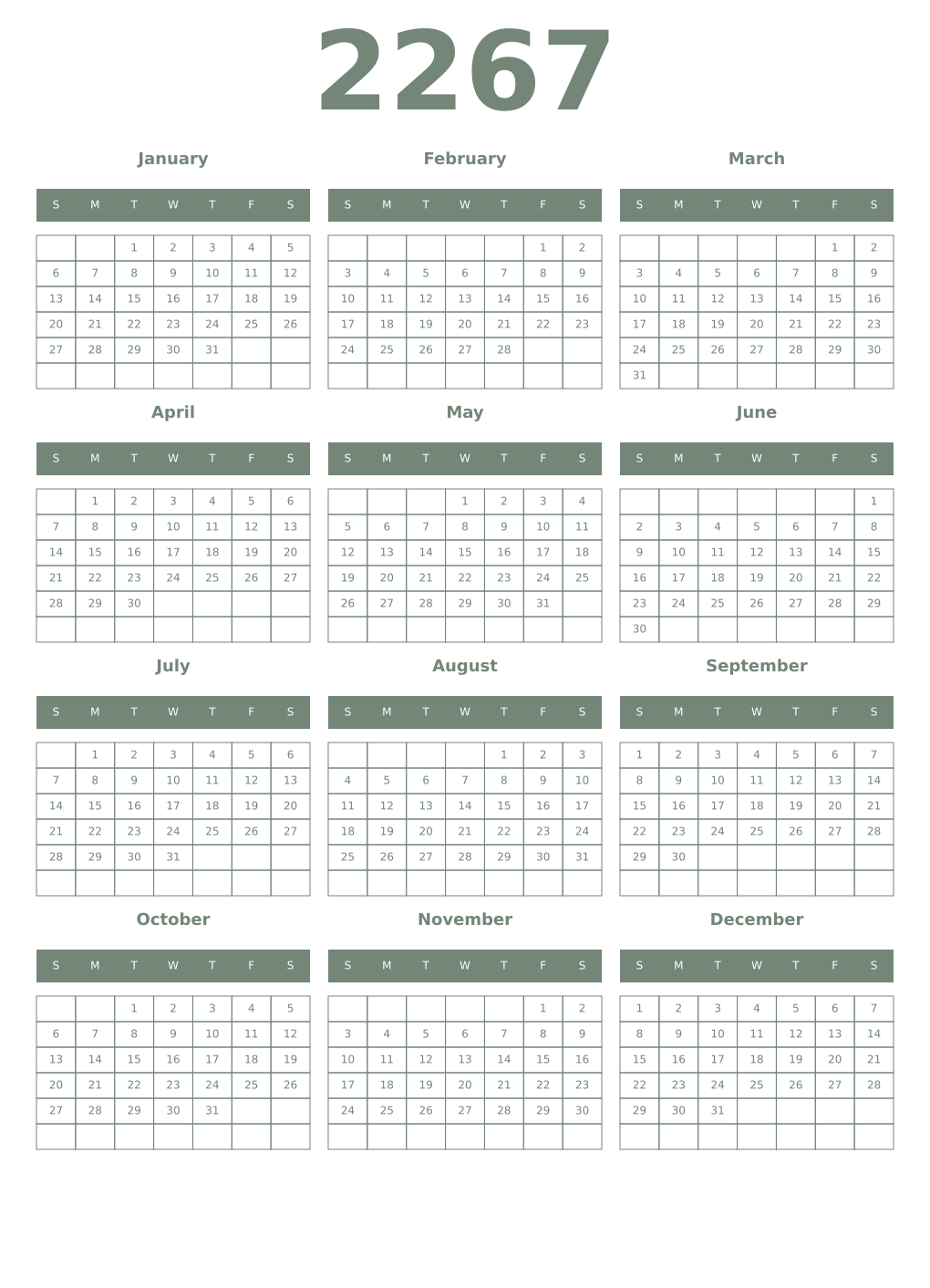 Printable 2267 Year Calendars xanadu