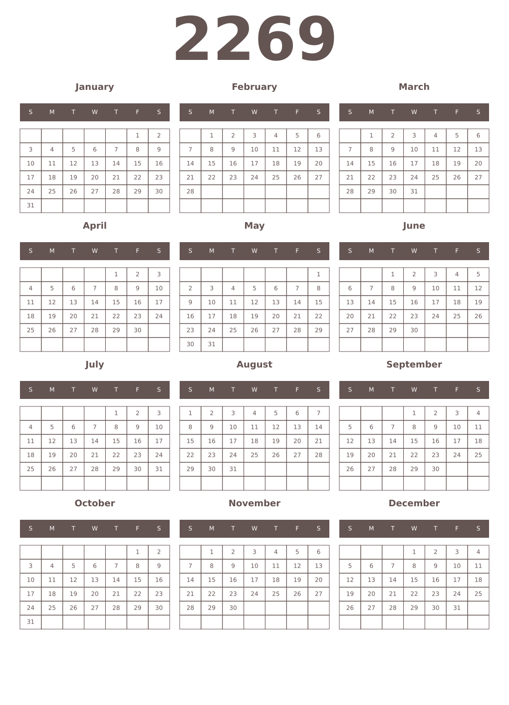 Printable 2269 Year Calendars wenge