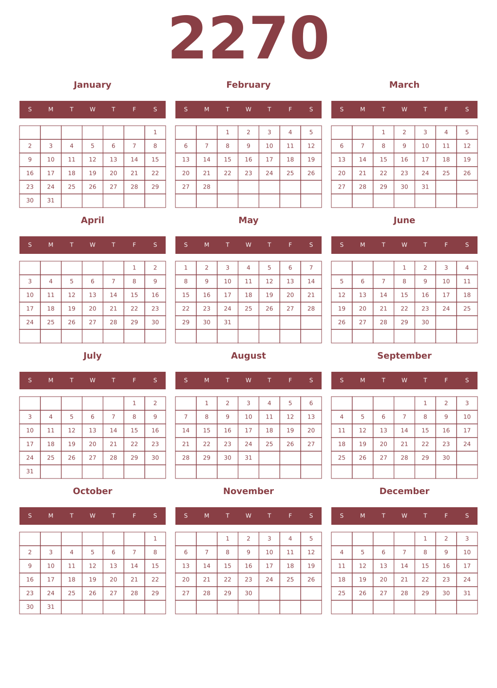 Printable 2270 Year Calendars cordovan