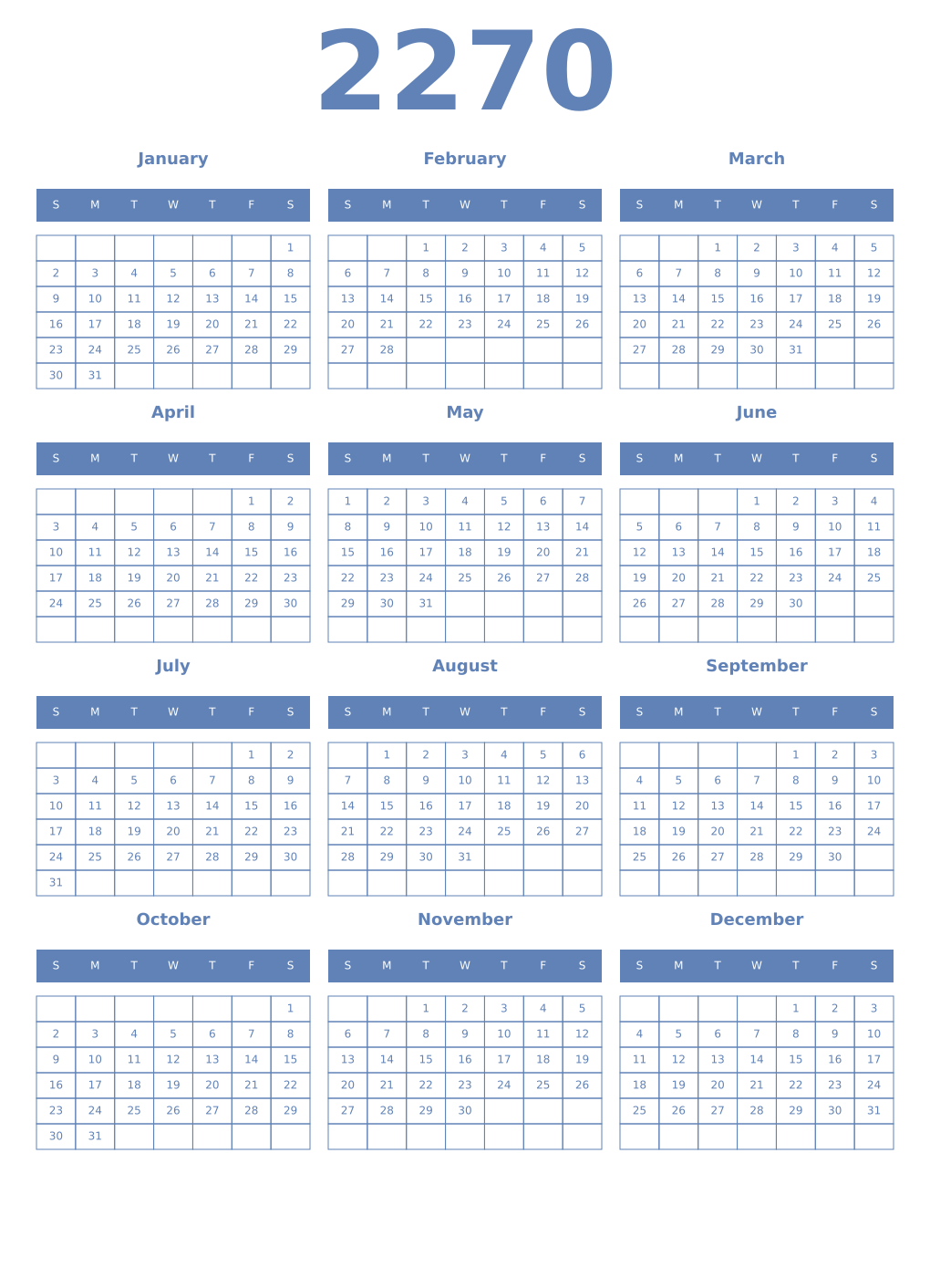 Printable 2270 Year Calendars glaucous