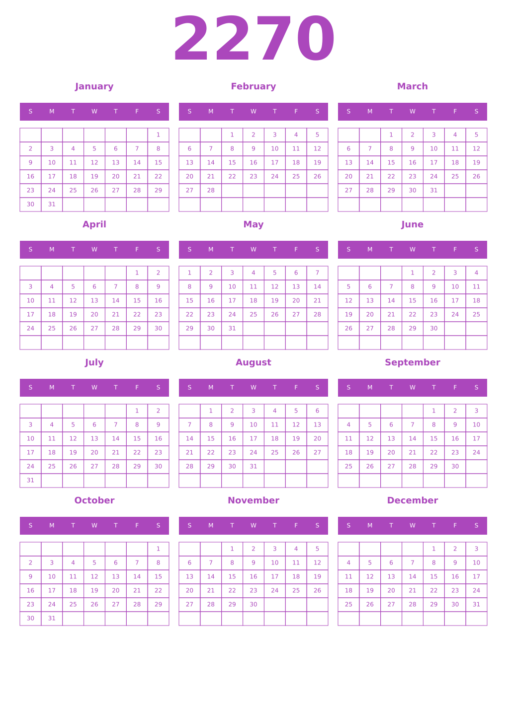 Printable 2270 Year Calendars purple