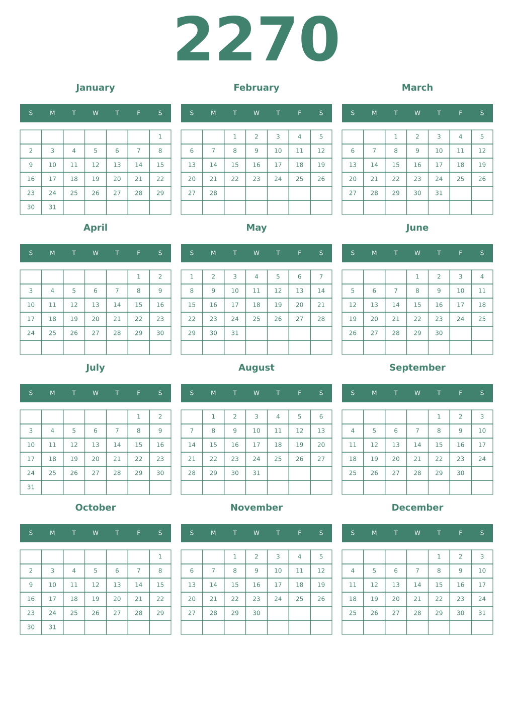 Printable 2270 Year Calendars viridian