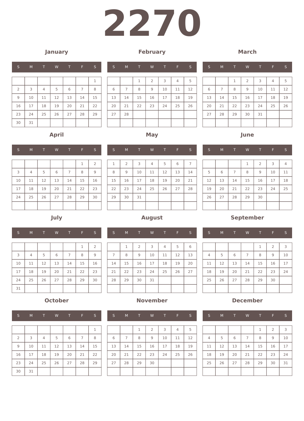 Printable 2270 Year Calendars wenge