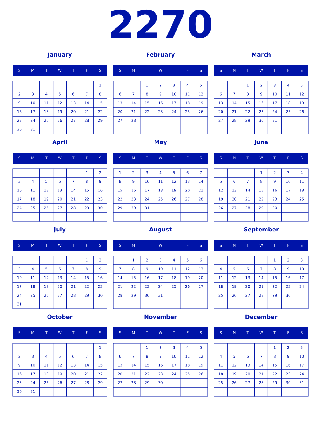 Printable 2270 Year Calendars zaffre