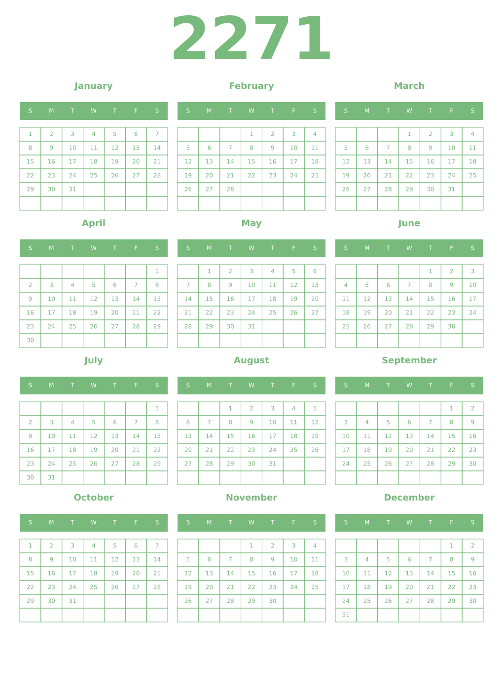 Printable 2271 Year Calendars celadon