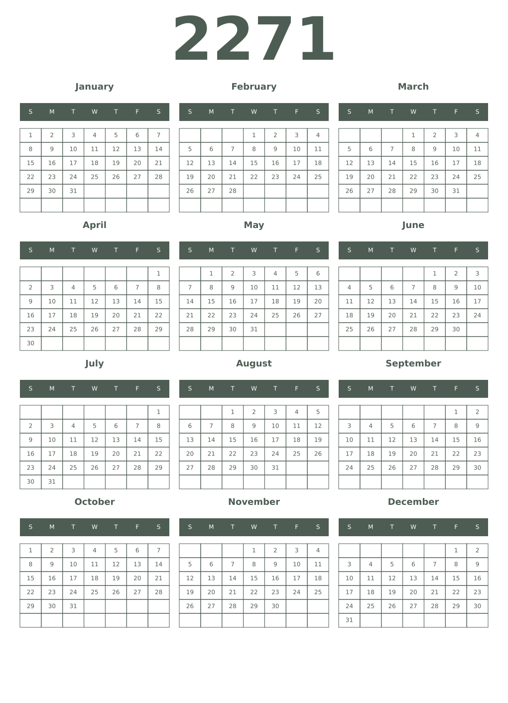 Printable 2271 Year Calendars feldgrau