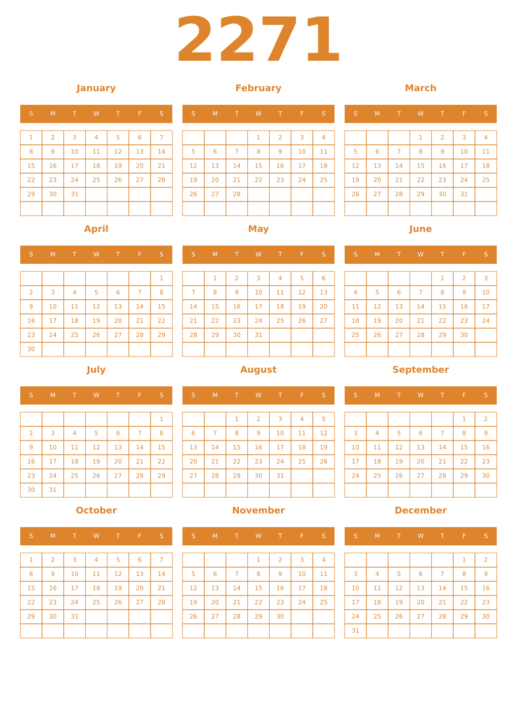 Printable 2271 Year Calendars orange