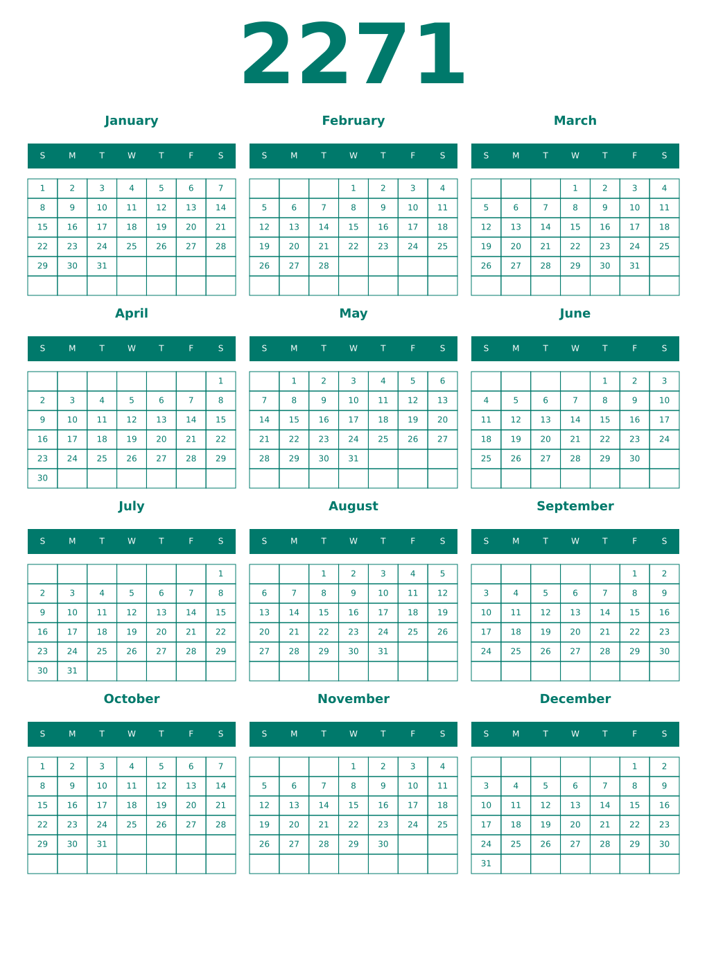 Printable 2271 Year Calendars pastel