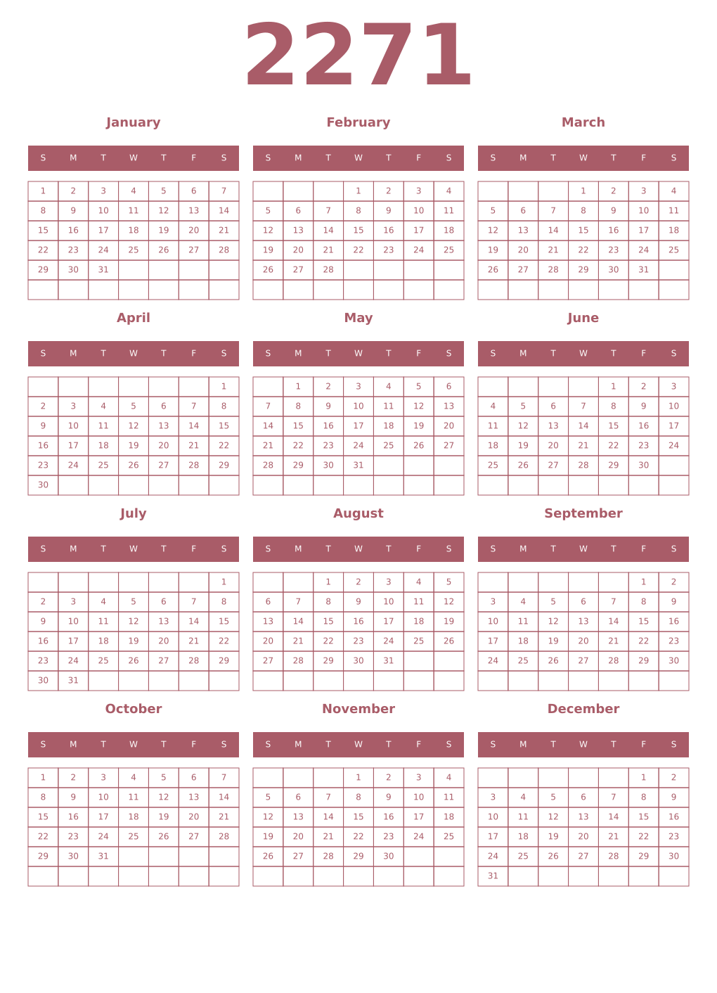 Printable 2271 Year Calendars puce