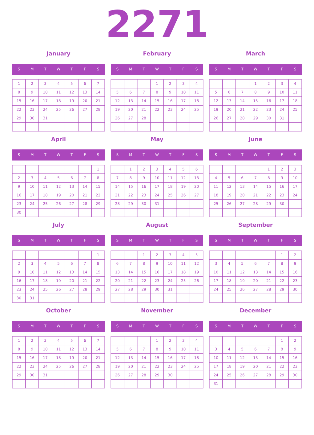 Printable 2271 Year Calendars purple