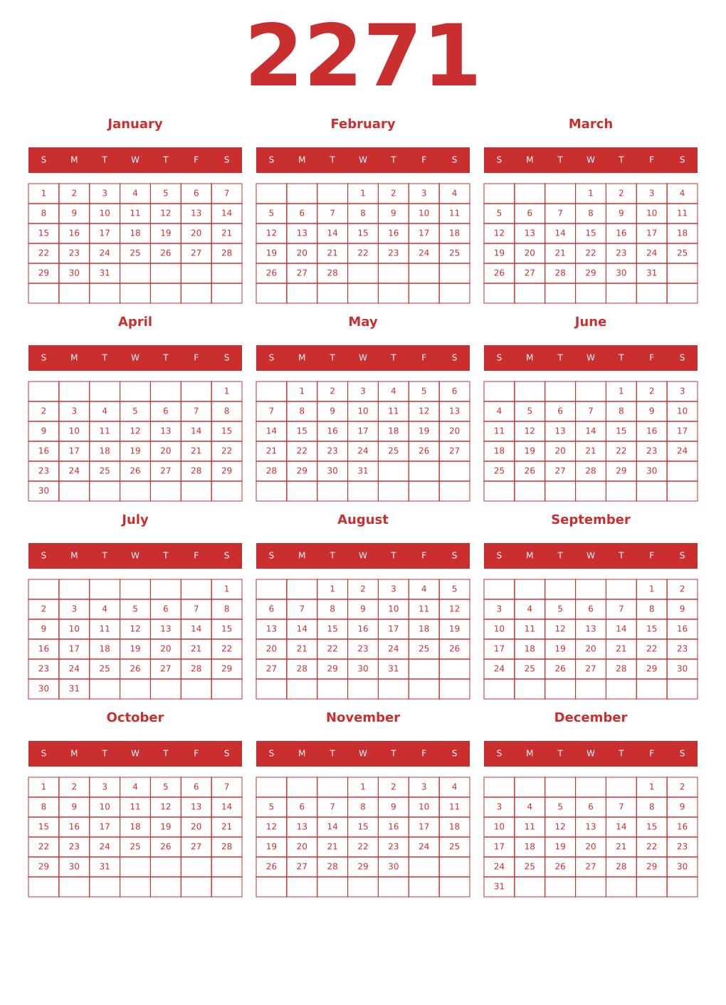 Printable 2271 Year Calendars red
