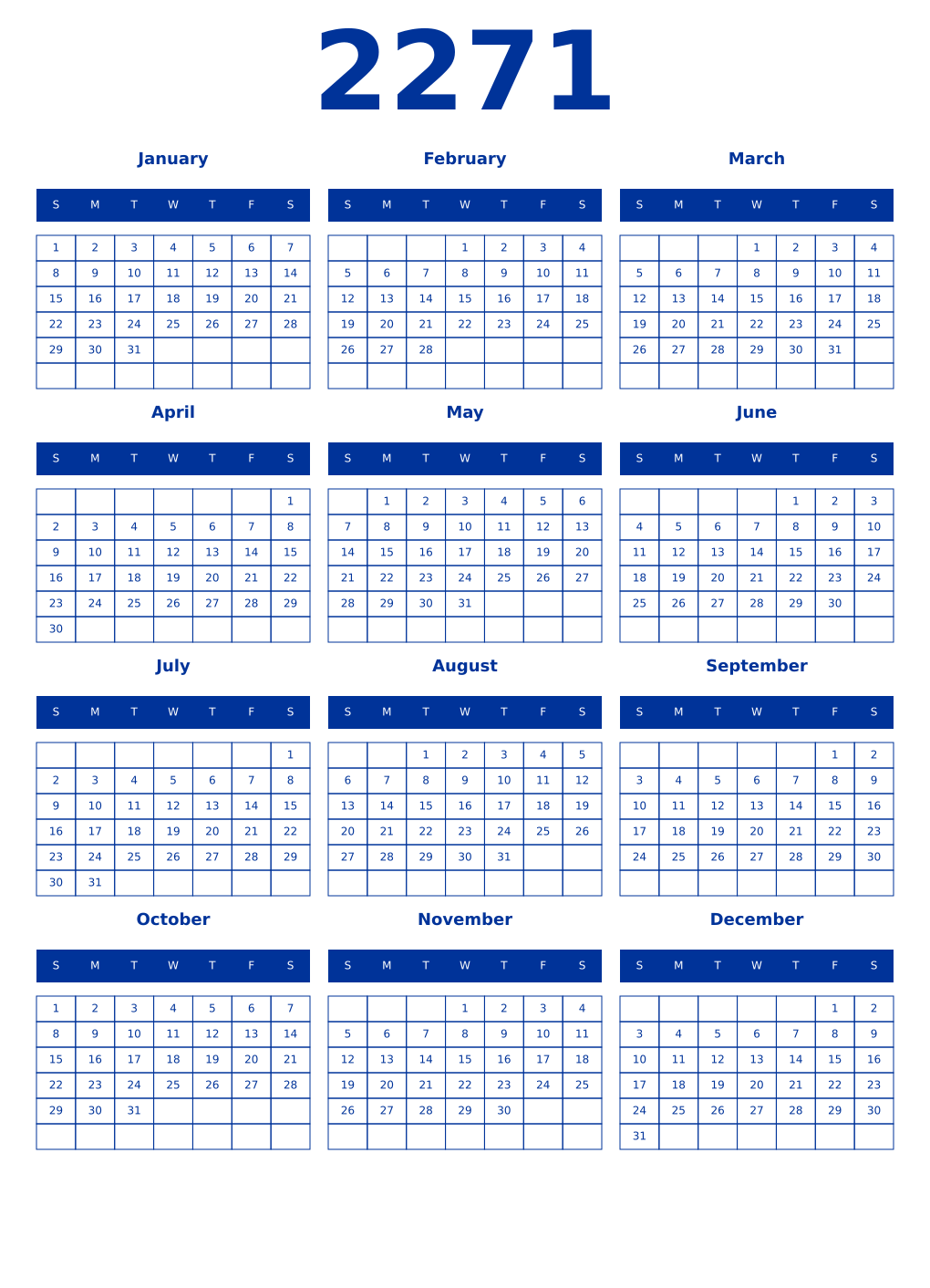 Printable 2271 Year Calendars smalt