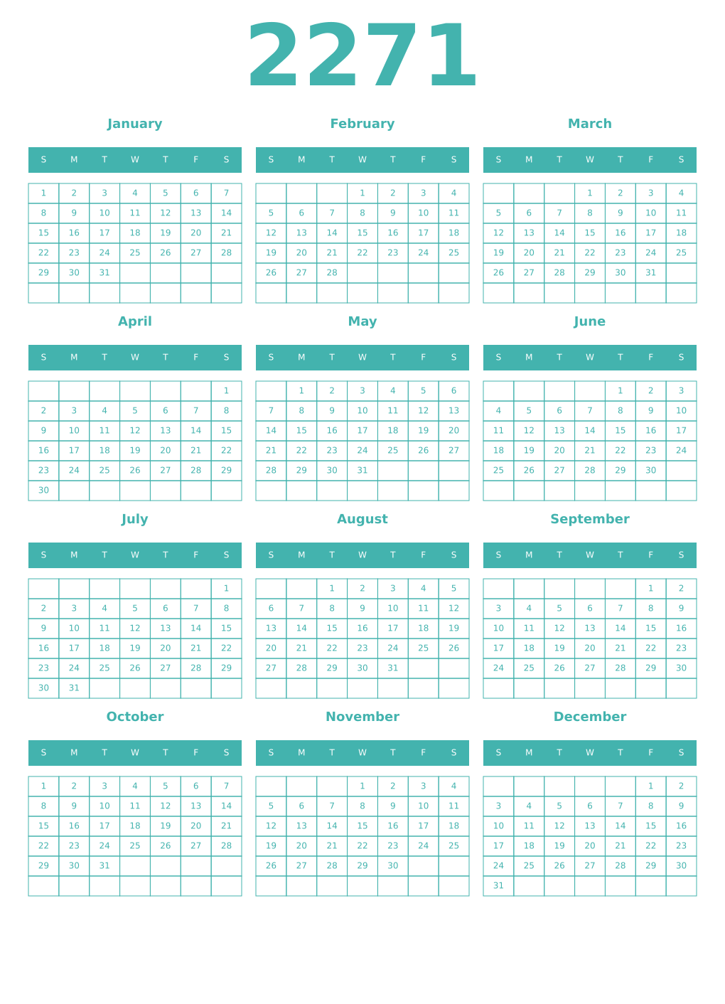 Printable 2271 Year Calendars verdigris