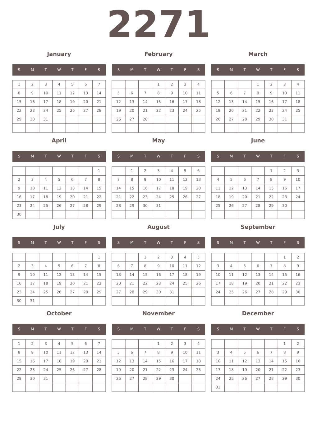 Printable 2271 Year Calendars wenge