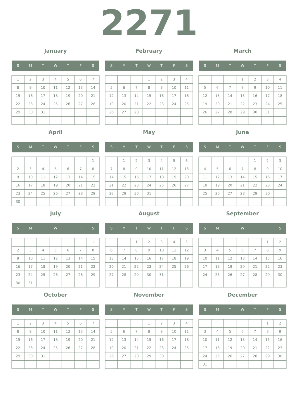 Printable 2271 Year Calendars xanadu
