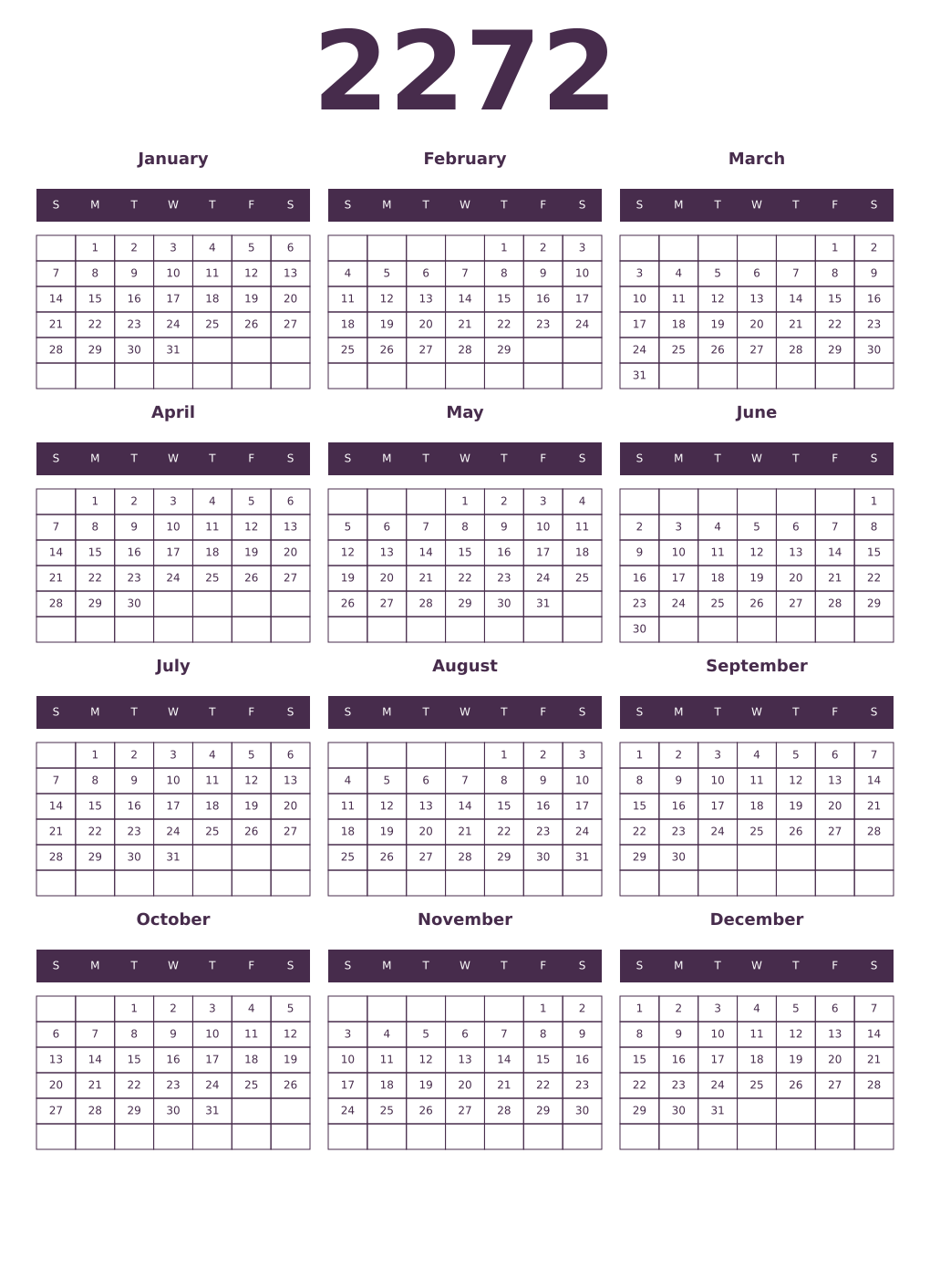 Printable 2272 Year Calendars aubergine