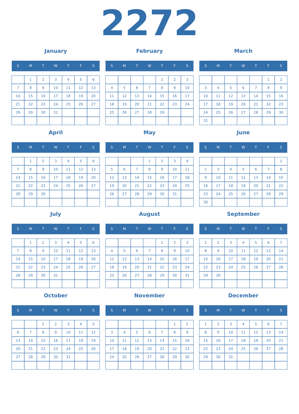 Printable 2272 Year Calendars blue
