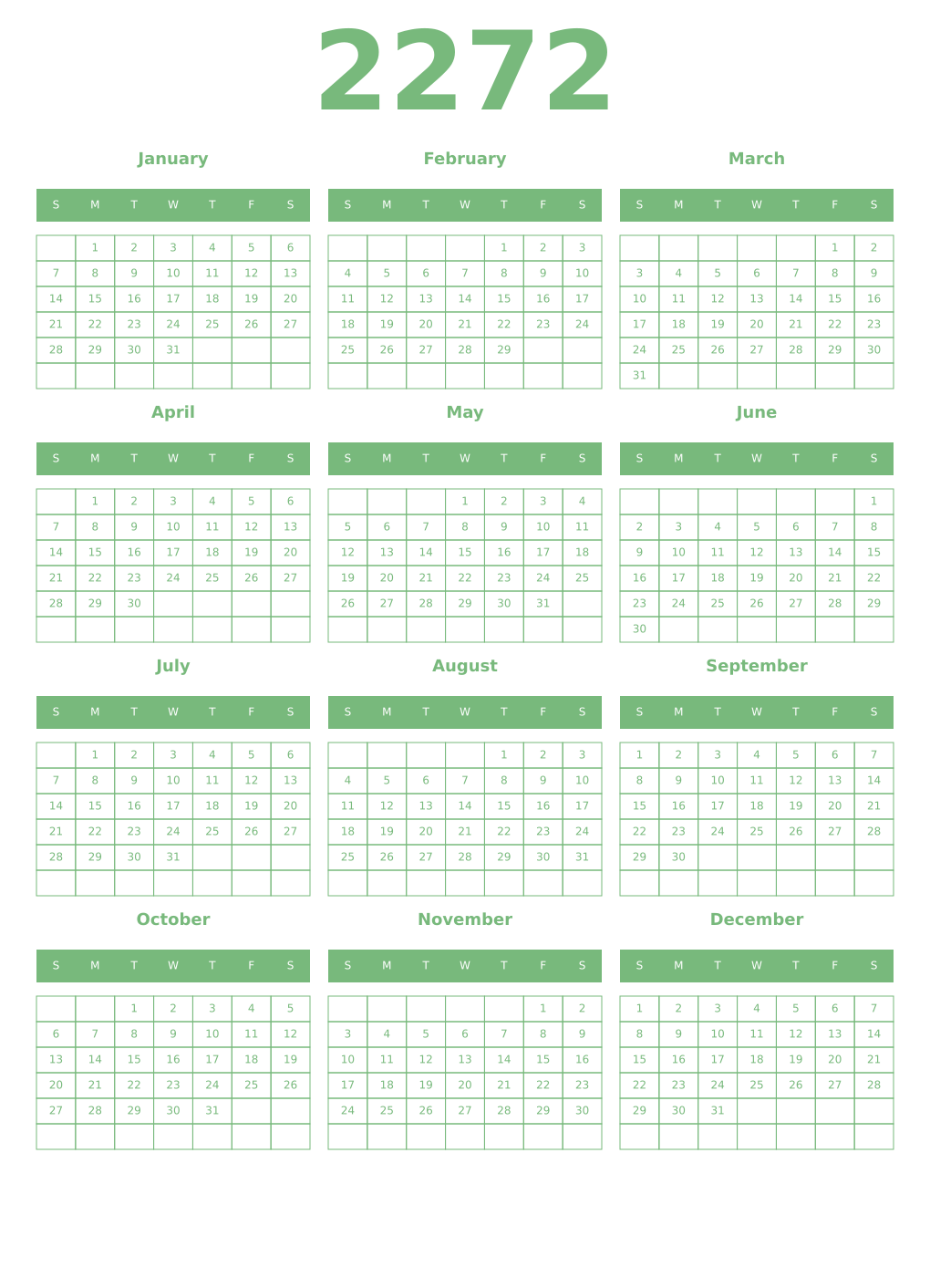 Printable 2272 Year Calendars celadon