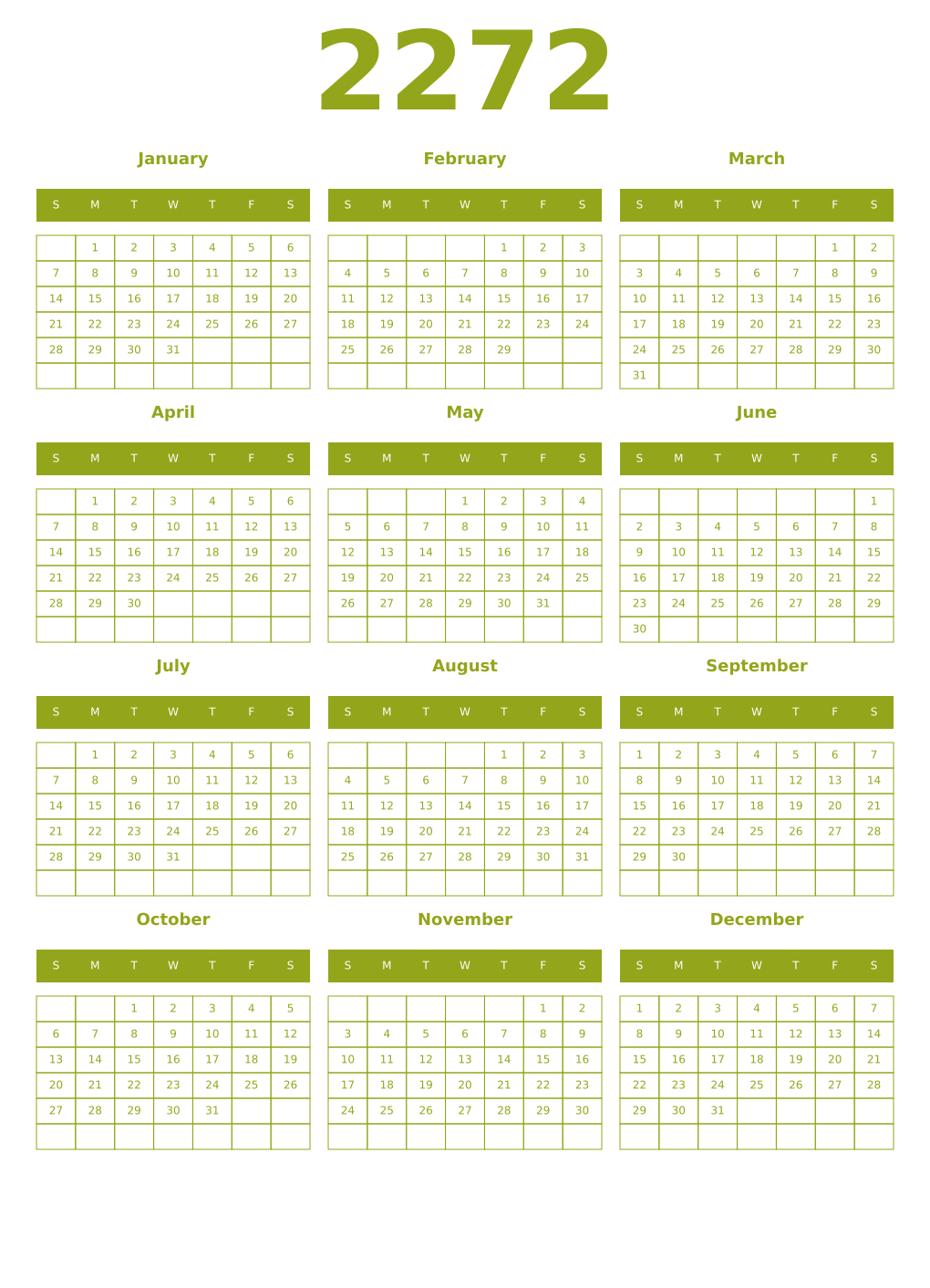 Printable 2272 Year Calendars chartreuse