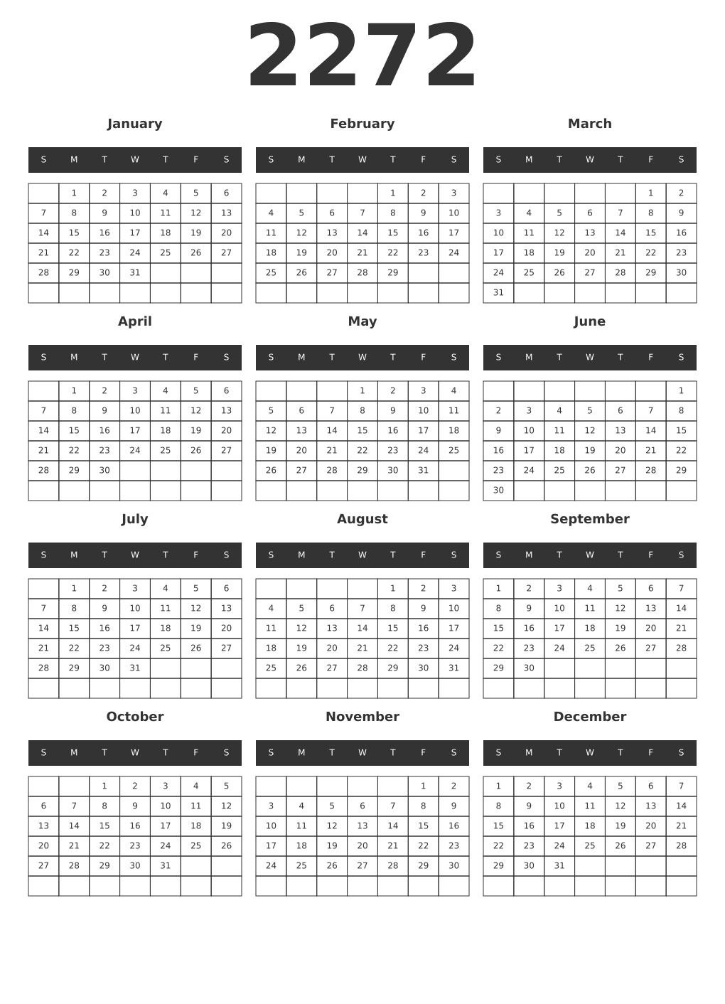 Printable 2272 Year Calendars dark