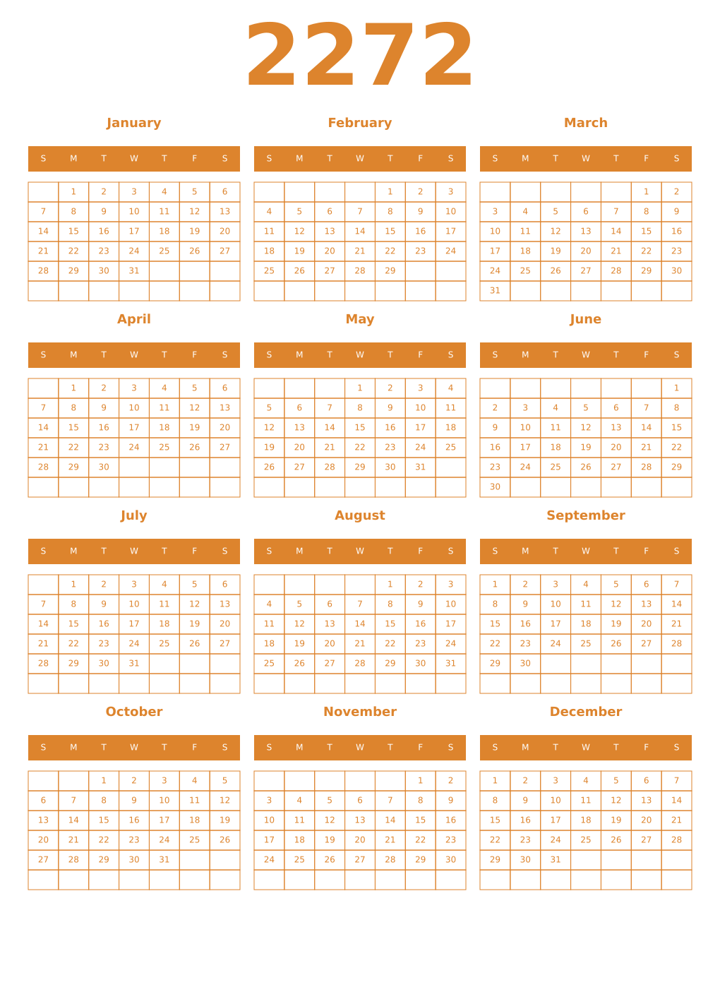 Printable 2272 Year Calendars orange