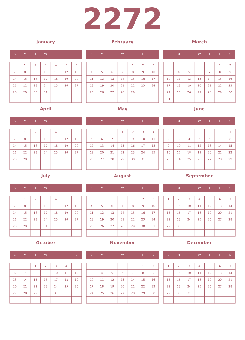 Printable 2272 Year Calendars puce