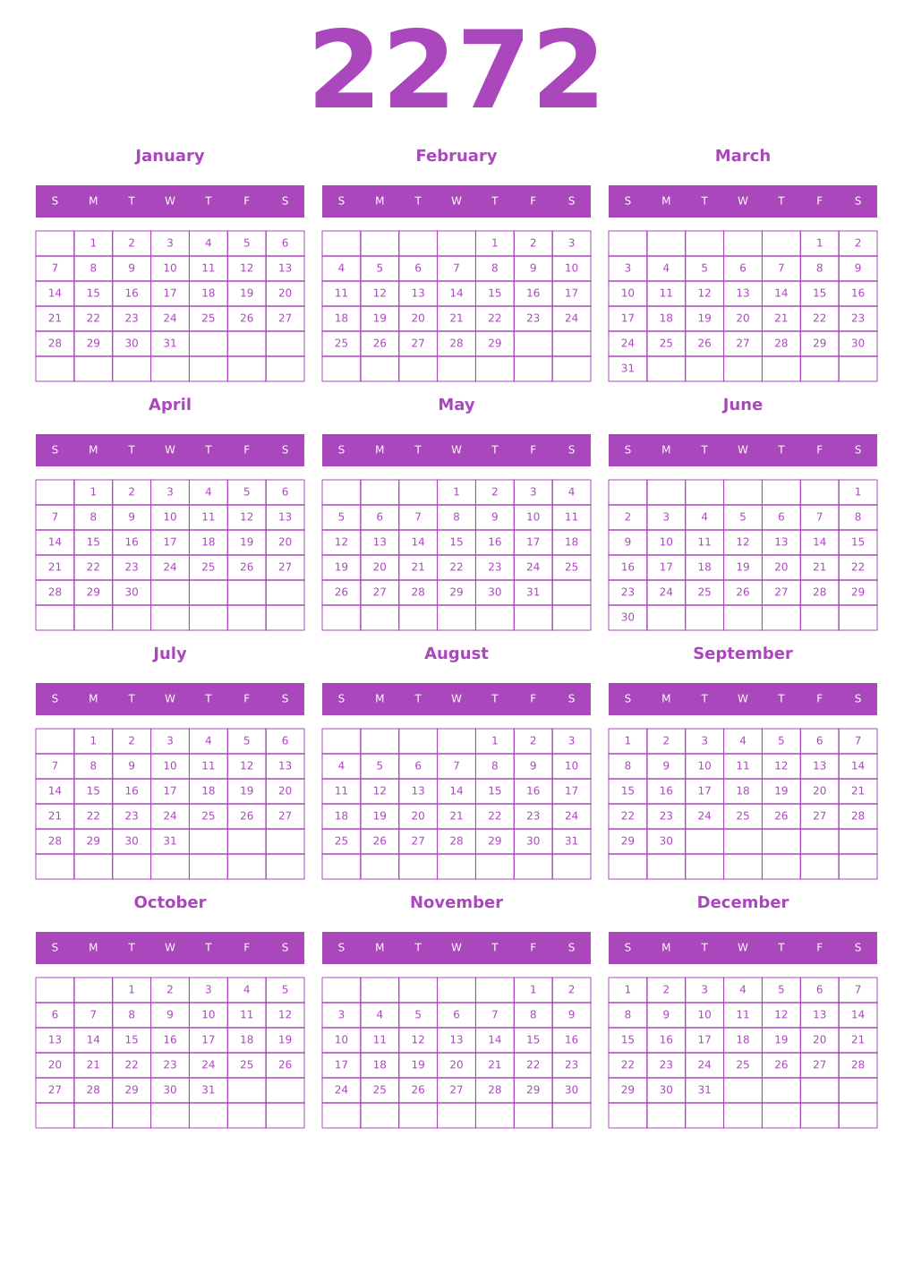 Printable 2272 Year Calendars purple