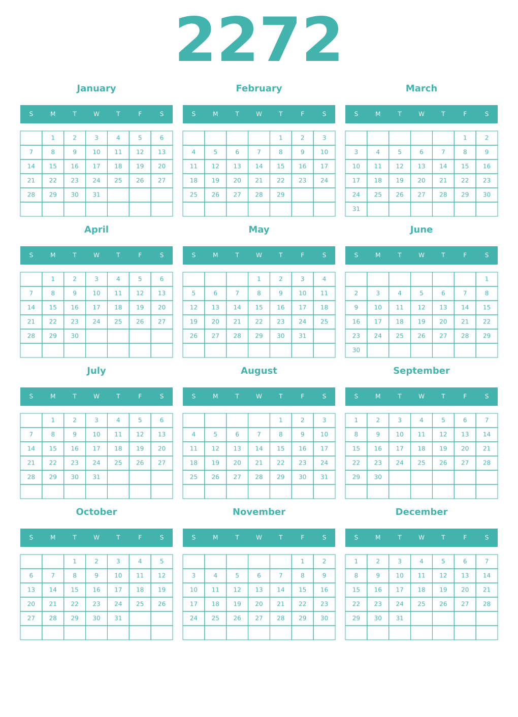 Printable 2272 Year Calendars verdigris