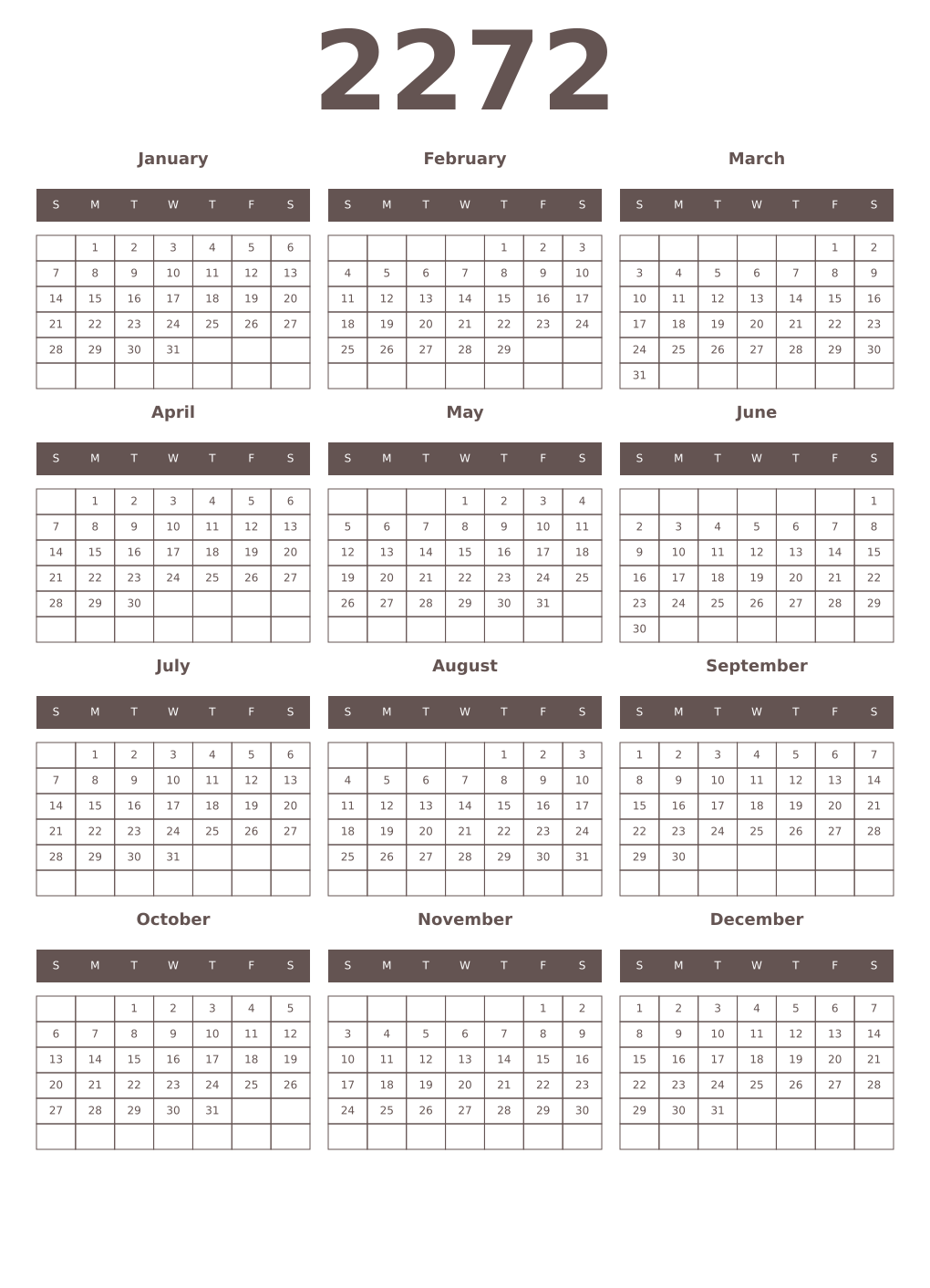 Printable 2272 Year Calendars wenge