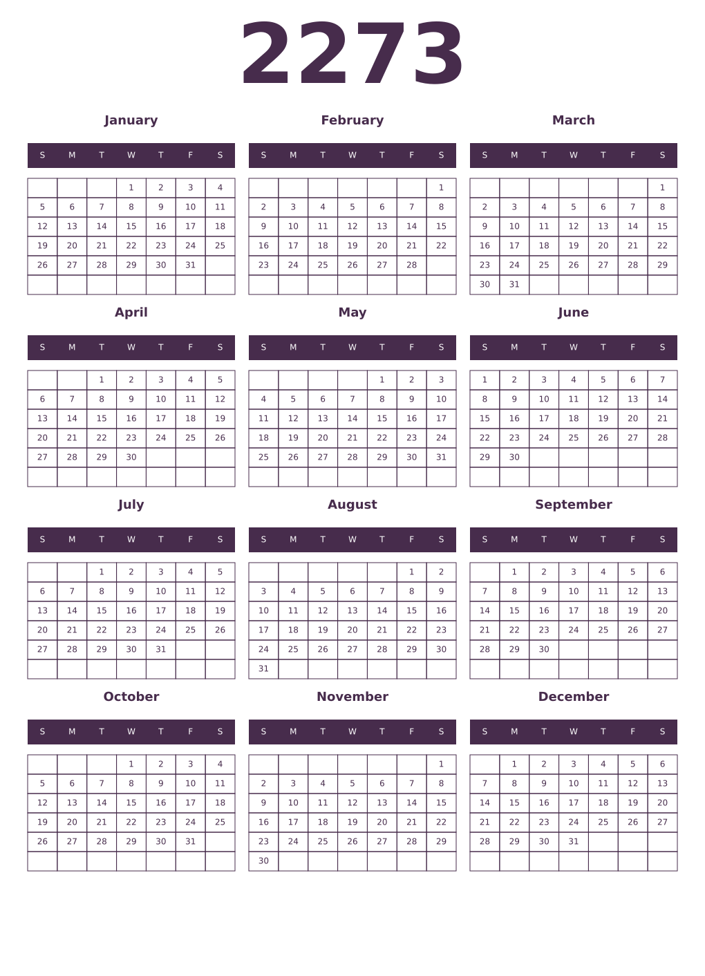 Printable 2273 Year Calendars aubergine