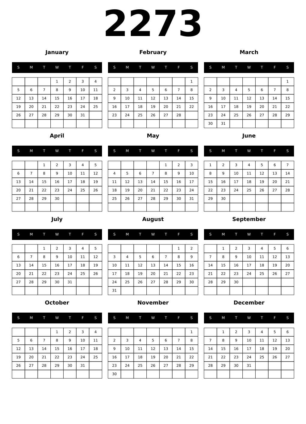 Printable 2273 Year Calendars black